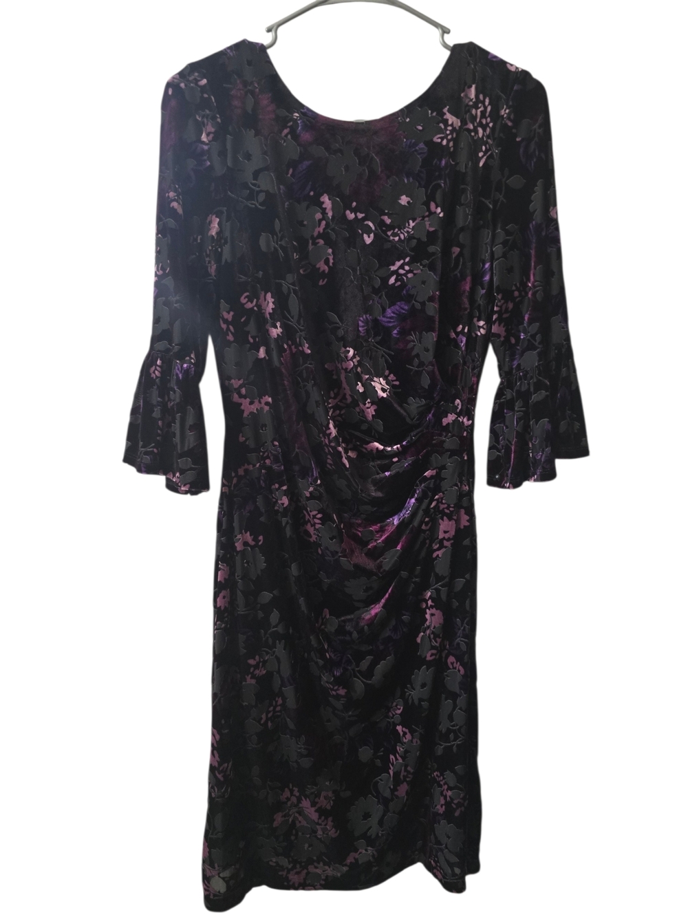 Adrianna Papell Black Velvet Floral Midi Dress with Purple Accents